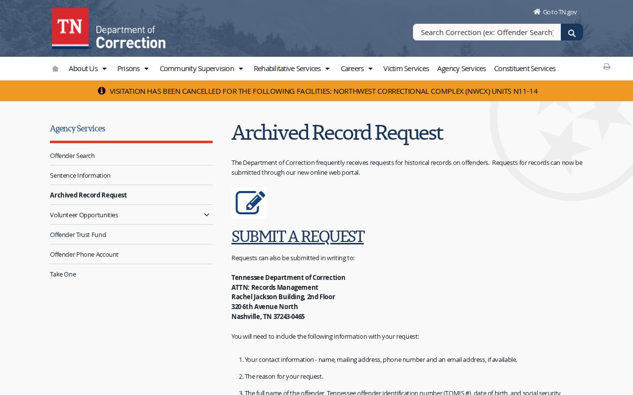 Tennessee correctional archives request route for older state records