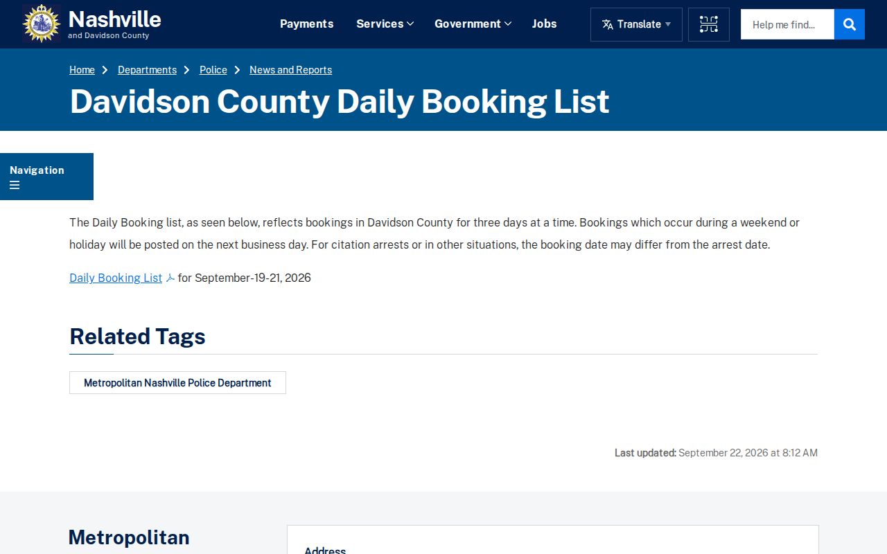 Tennessee arrest log example showing Nashville's dated daily booking list page