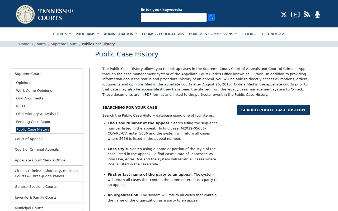 Tennessee arrest case disposition search on the Court Public Case History page