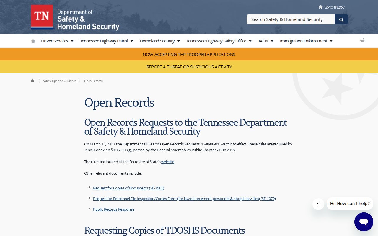 Tennessee Highway Patrol arrest record request page and public records forms