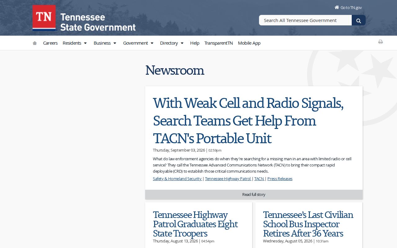 Tennessee arrest record research, state government newsroom interface