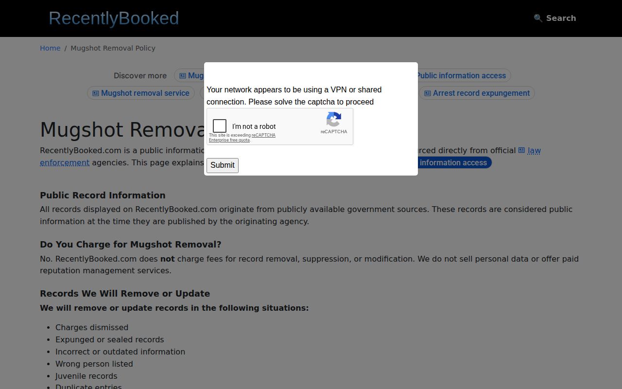 RecentlyBooked's Tennessee arrest listing correction policy