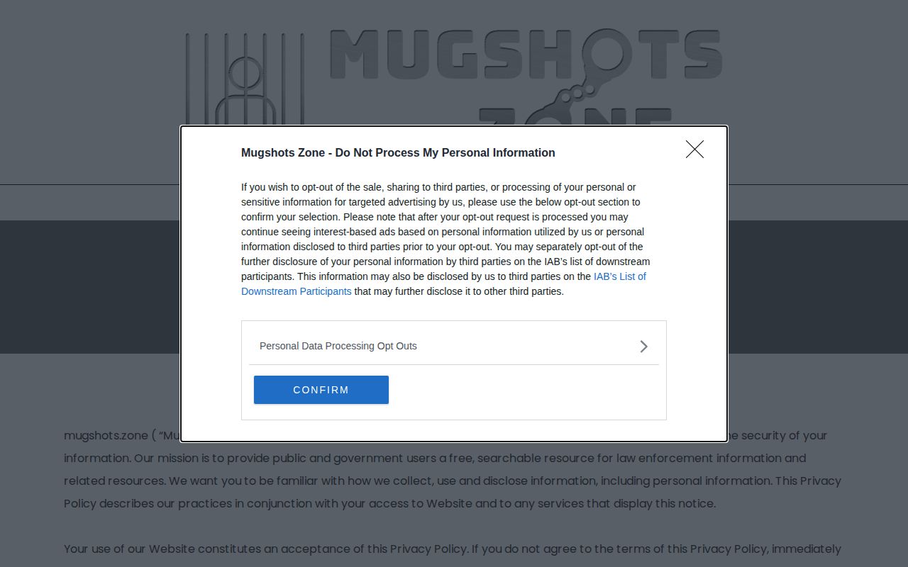 Mugshots.zone privacy and personal data contact policy relevant to Tennessee arrest copies
