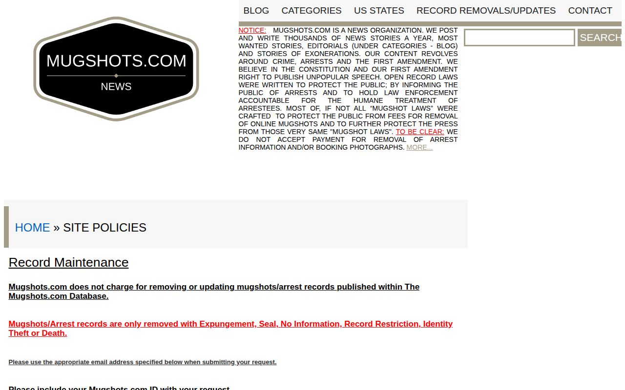 Mugshots.com publisher policy for Tennessee booking record corrections