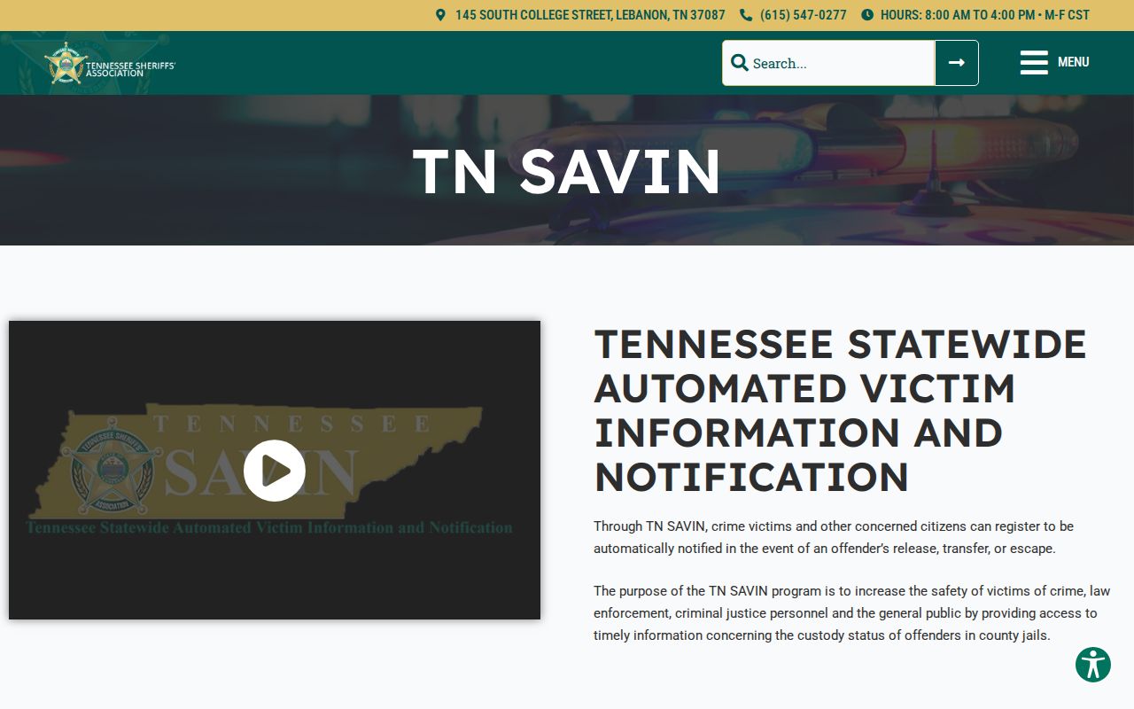 Tennessee TN SAVIN custody notification program information