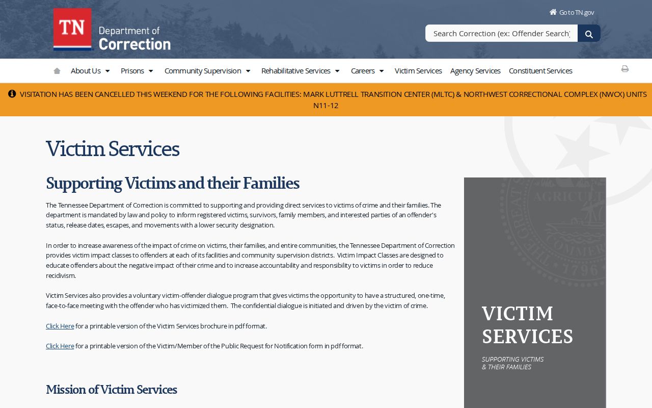 Tennessee Department of Correction victim services and custody notification information
